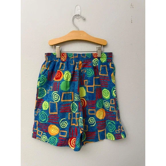 Vintage Kids Bright Geometric Cotton Shorts 80s 90s Youth XL - Picture 2 of 3